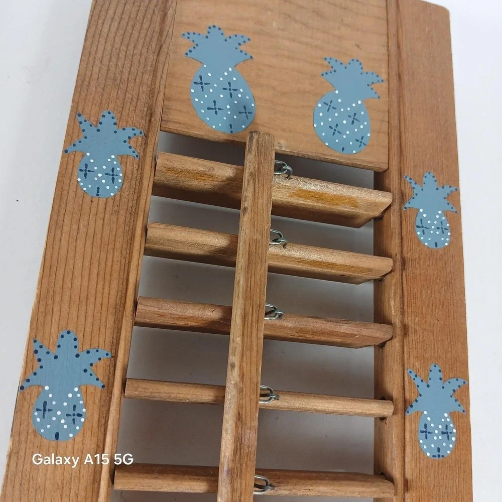 Artist Painted Wood Window Shutter Blind Vtg USA Wall Mount Panel Pineapple Blue